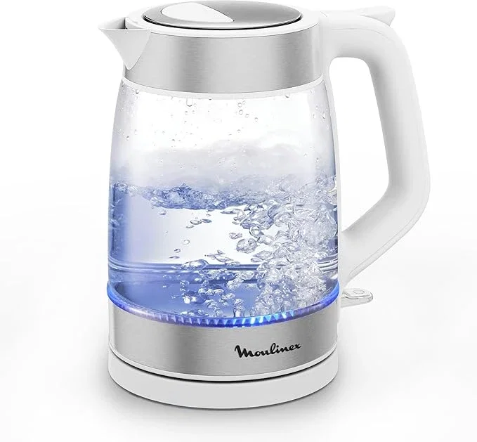 Moulinex Bouilloire Électrique 1,7L, Ebullition Rapide, Transparente Verre, Filtre Amovible, Éclairage LED, Base 360°, Sans Fil, Blanc, BY6R5130