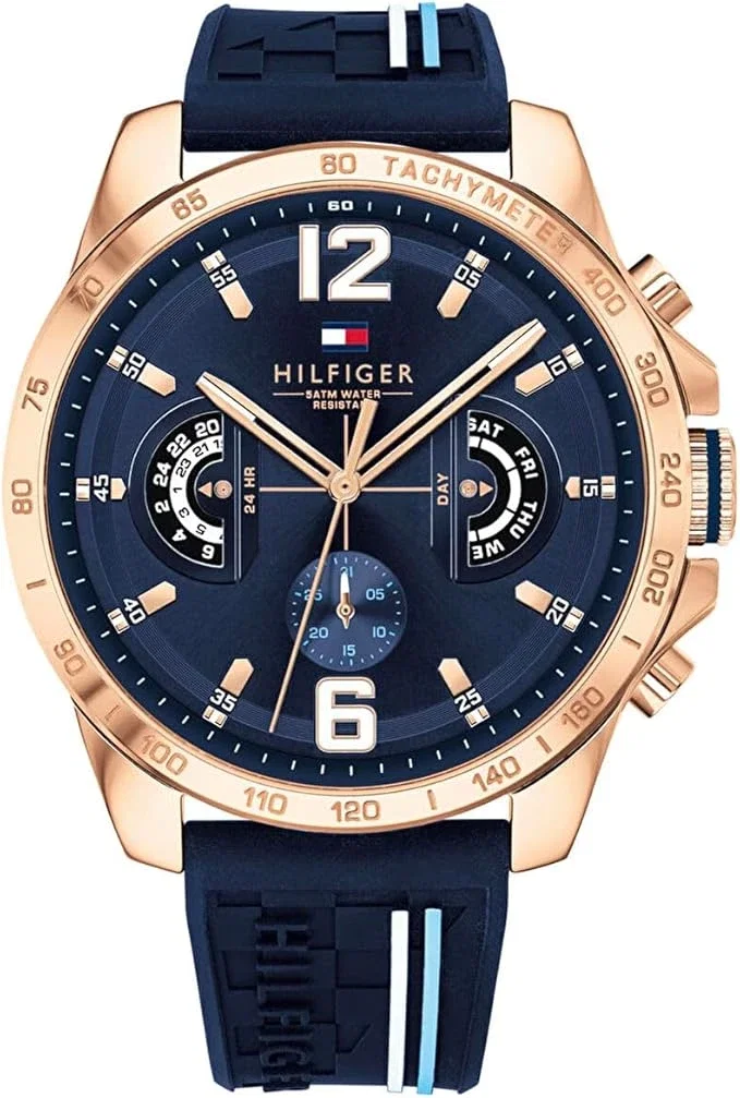 Tommy Hilfiger Montre Analogique Multifonction Quartz pour Hommes avec Bracelet en Silicone, en Acier Inoxydable ou en Cuir, sous-Cadrans pour Le Jour et la Date, Étanche jusqu'à 5ATM.