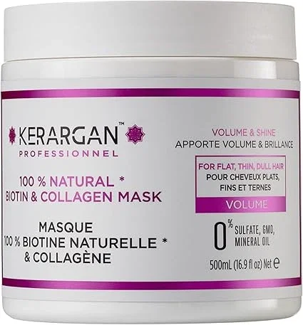 Kerargan - Masque Capillaire Volumisant à la Biotine & Collagène - Pour Cheveux Plats, Fins, Ternes - Volume et Brillance Intensifiés - Sans Sulfate, OGM, Huile Minérale - 500ml