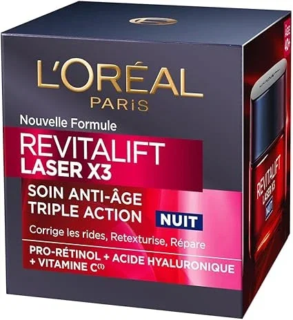 L'Oréal Paris - Crème Masque Nuit Triple Action Anti-Âge - Anti-Rides & Multi-Correction - Enrichi au Pro-Rétinol, à l'Acide Hyaluronique & à la Vitamine C - Revitalift Laser X3 - 50 ml