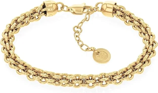 Tommy Hilfiger Bijoux pour Femme : Bracelet Chaîne en Acier Inoxydable Plaqué Or 23K et Collier Assorti