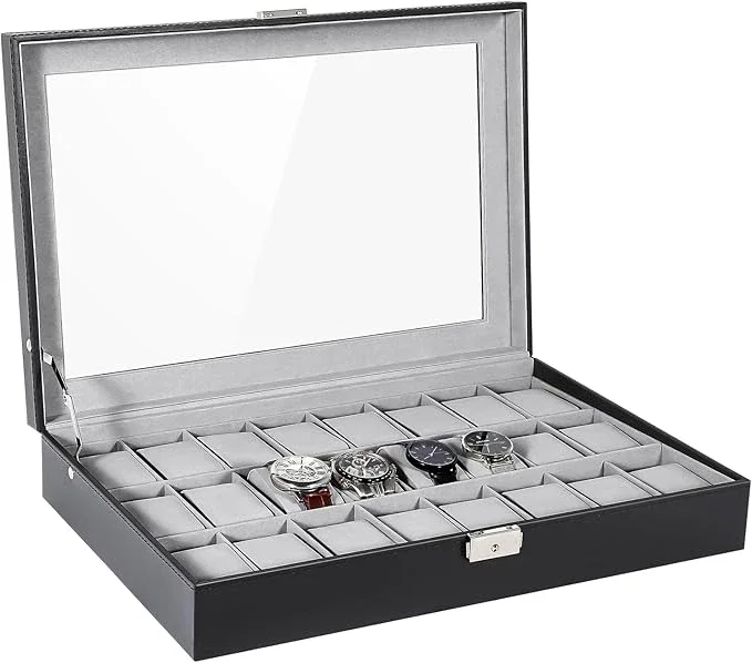 Uten Boite a Montre, 24 Emplacements Écrin à Montres en Cuir Boite Rangement Montre avec Couvercle en Verre pour Homme Femme
