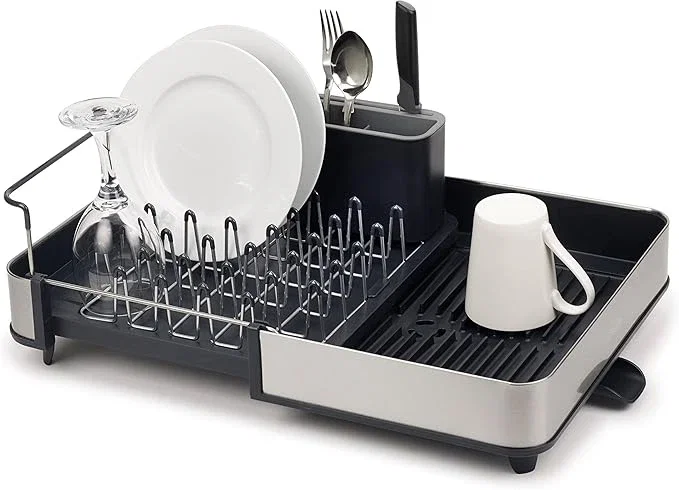 Joseph Joseph Séchoir à Vaisselle Extensible en Acier avec Compartiment à Couverts Amovible, Bec D'Égouttage Pivotant - Gris/Acier