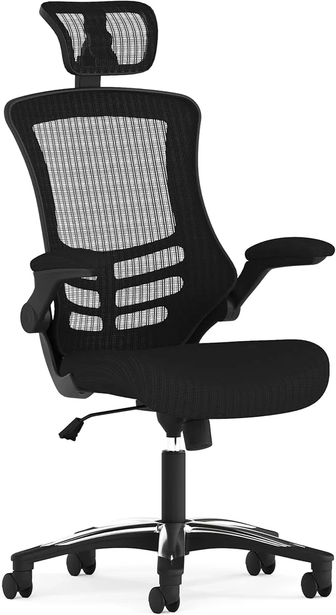 Flash Furniture Chaise de Direction Ergonomique tournante Noire avec Dossier Haut avec Maille, accoudoirs pliants et Appui-tête réglable