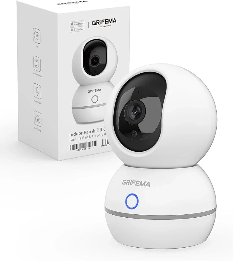 GRIFEMA Caméra de Surveillance WiFi Intérieur 360°, 1080P(3MP) avec Vision Nocturne 10m, Détection Humaine/Son, Réduction Bruit 3D, Stockage SD/Cloud, Mode Confidentialité pour Bébé/Animaux, GD701