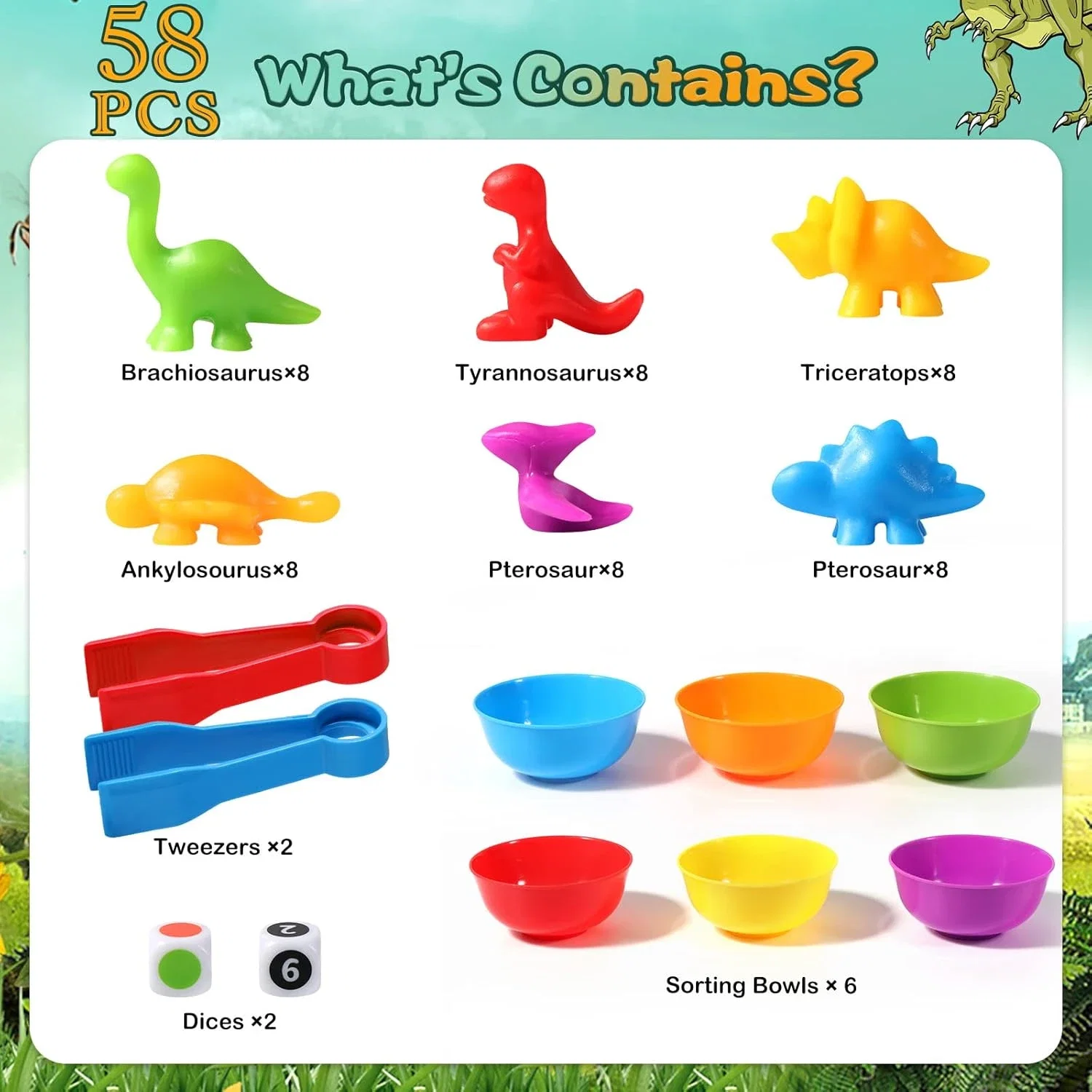 Oderra Montessori-48 pièces Dinosaure Comptage et Tri, Jouets éducatifs avec gobelets, dés et Pinces pour Apprendre à Compter Les Couleurs motricité Fine, Jeux Montessori