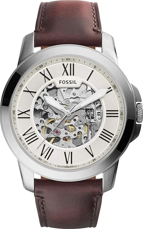 Fossil Montre pour Homme Grant, Mouvement Mécanique Automatique, Boîtier en Acier Inoxydable Argenté de 45 mm avec Bracelet en Cuir, Me3099