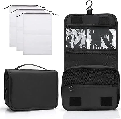 Zivacate Trousse de Toilette à Suspendre, Trousse Toilette étanche avec poignée, Sac de Rangement Maquillage Homme Femme avec 3 Sac à Cordon pour Voyage, Affaires, Fitness, Camping – Noir