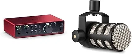 Focusrite Scarlett 2i2 4th Gen, interface audio USB pour enregistrer, composer & RØDE PodMic Microphone dynamique de qualité Broadcast avec support oscillant intégré pour les podcasts, le streaming
