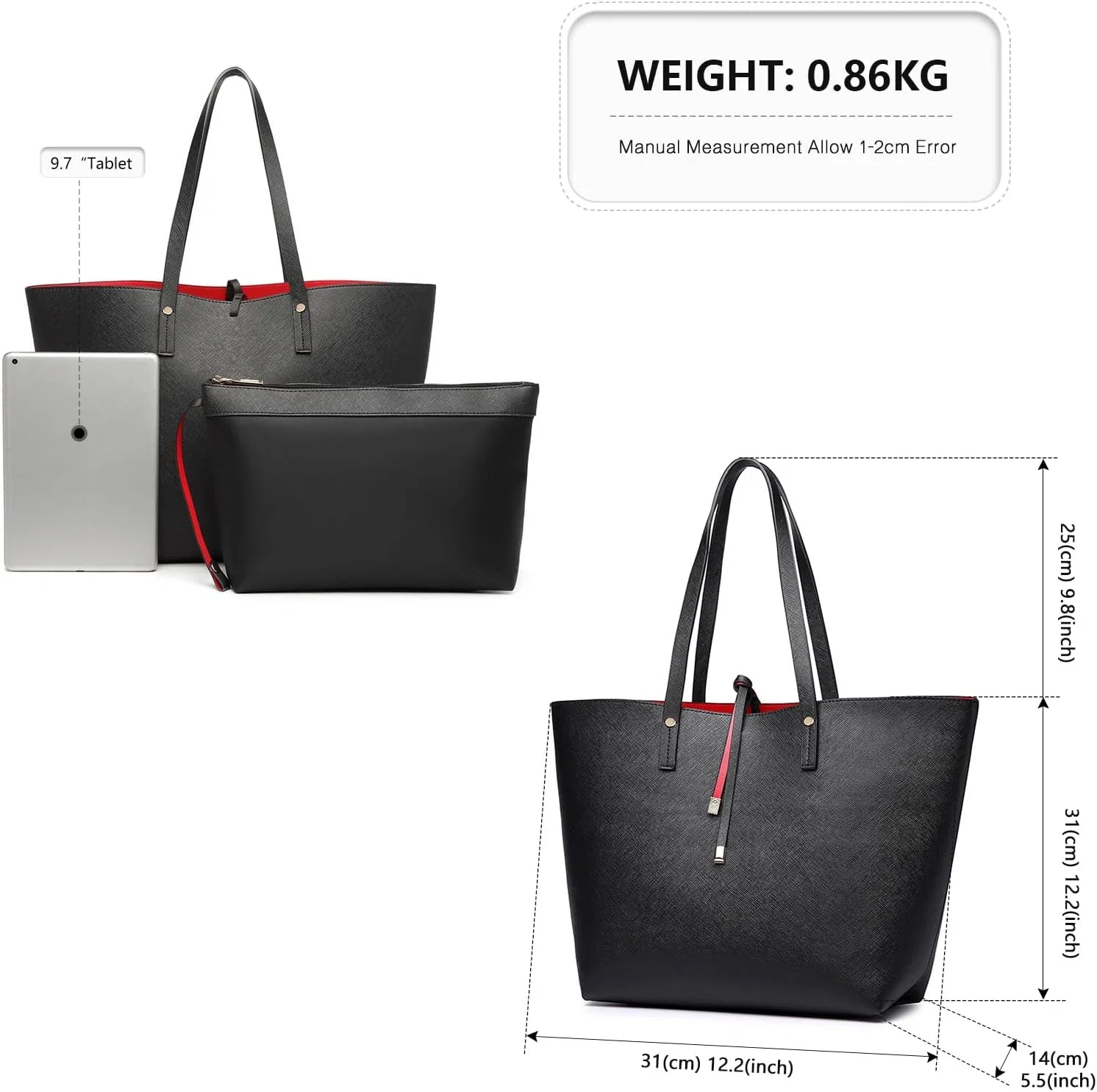 Miss Lulu Ensemble de sac à main pour femme -sac cabas tote bag 2 pièces en cuir synthétique, sac portés épaule elégant pour travail cours lycée Noir