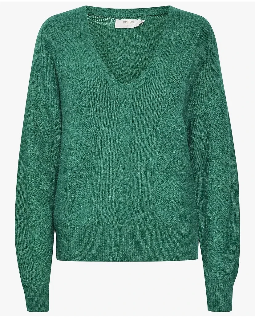 Cream Women's Knitted Pullover Sweater V-Neck Long Sleeves Cable Knit Femme