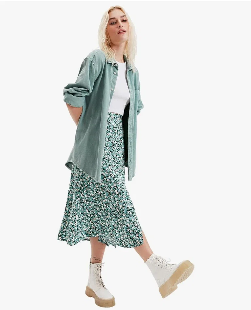 Trendyol Green Floral Patterned Tearing Jupe Femme