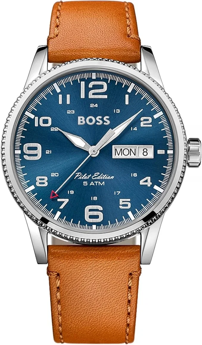 BOSS Montre Analogique À Quartz Pour Homme Avec Bracelet En Cuir Marron Clair - 1513331 - Bleu