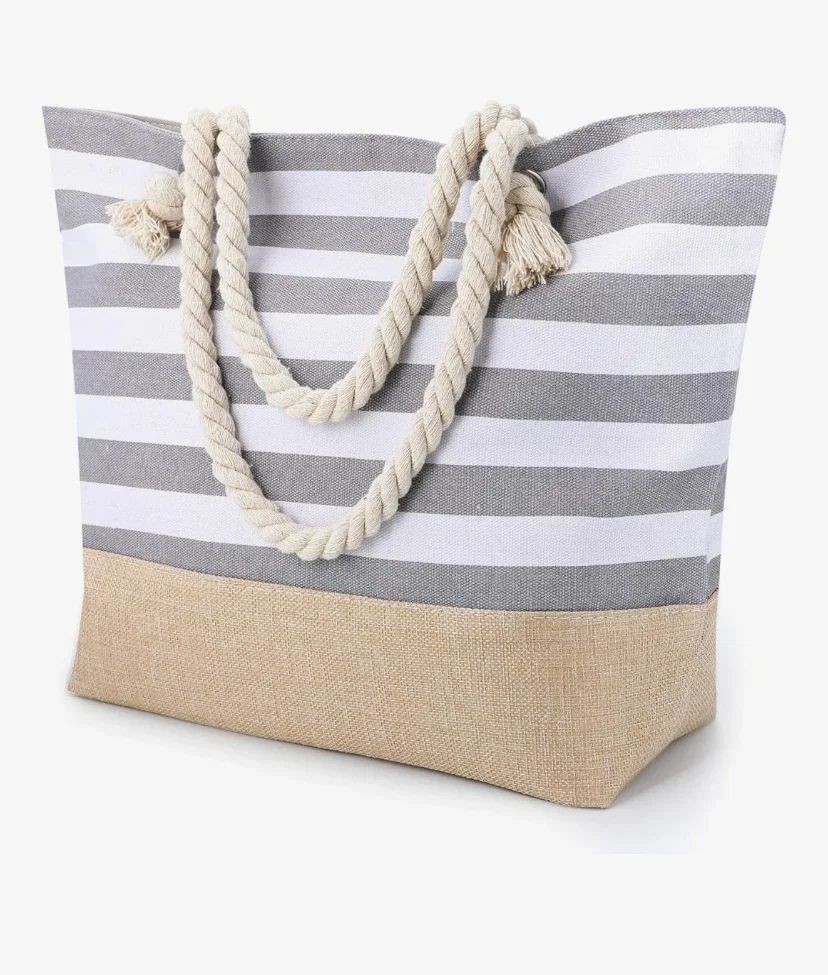 ViEinkaufen Sac de plage imperméable, sac de plage pour femme avec fermeture éclair, sac fourre-tout d'été en toile à rayures, sac de voyage, sac à main réutilisable pour le shopping, la pisc