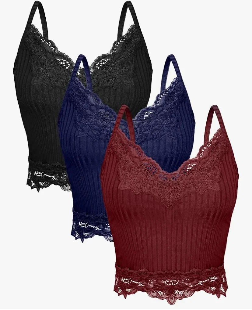 Lot de 3 débardeurs en dentelle pour femme style Y2k, grunge, caraco en dentelle patchwork, débardeurs côtelés en tricot