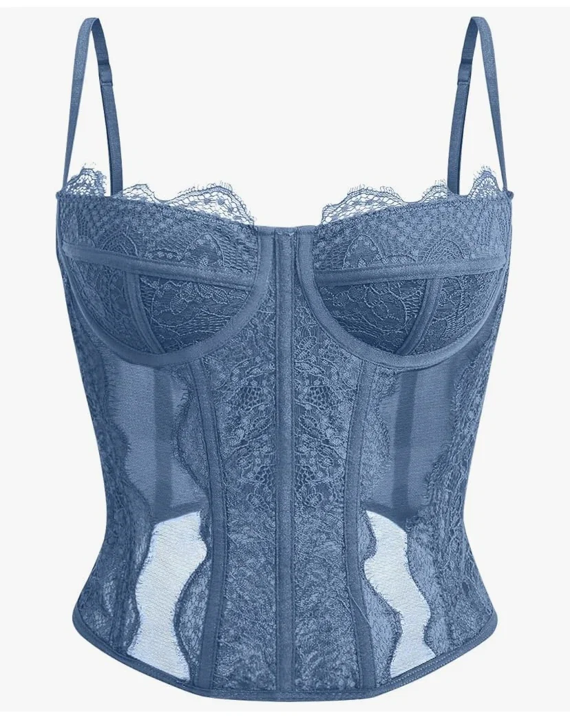 Dealmore Corset pour femme en dentelle et maille avec bretelles spaghetti, haut pour rendez-vous/fête/club/nuit