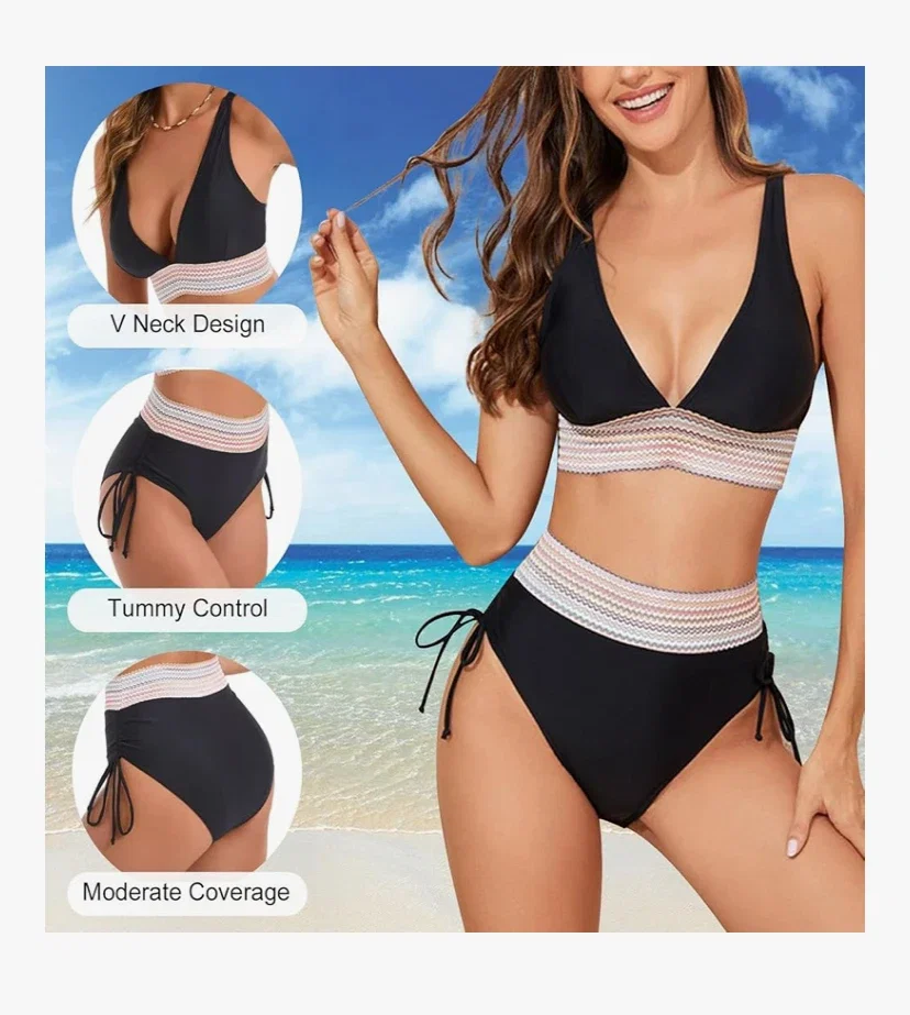 Risipu Bikini taille haute pour femme - Contrôle du ventre - Deux pièces - Couleurs contrastées - Col en V - Cordon de serrage - Maillot de bain de plage