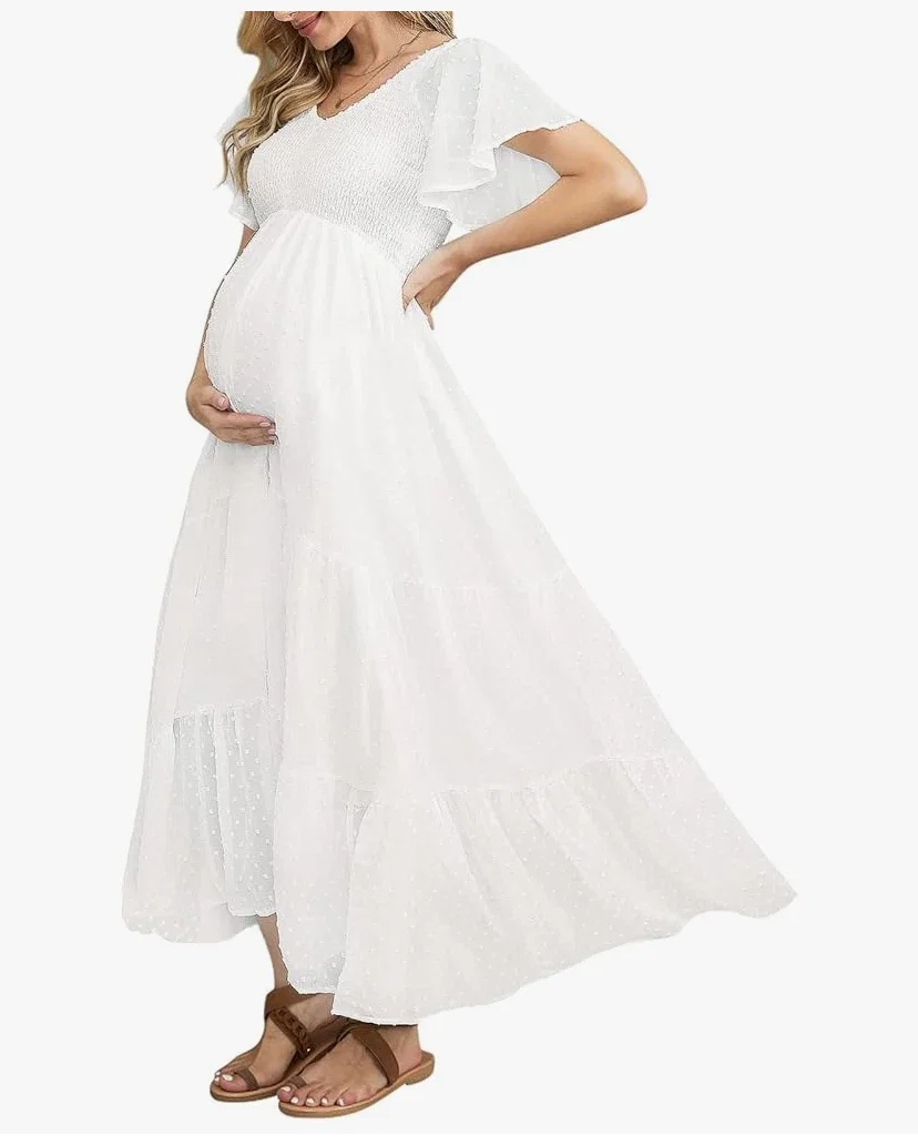 guruixu Swiss Dot Maternity Dress V Neck Ruffle Sleeve Maternity Dresses for Photoshoot Baby Shower Smocked Tiered Maternity Dress