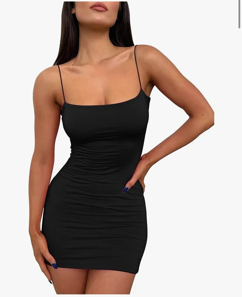 LILLUSORY Mini Robe Moulante Sexy à Bretelles Spaghetti sans Manches, Noir, Taille M