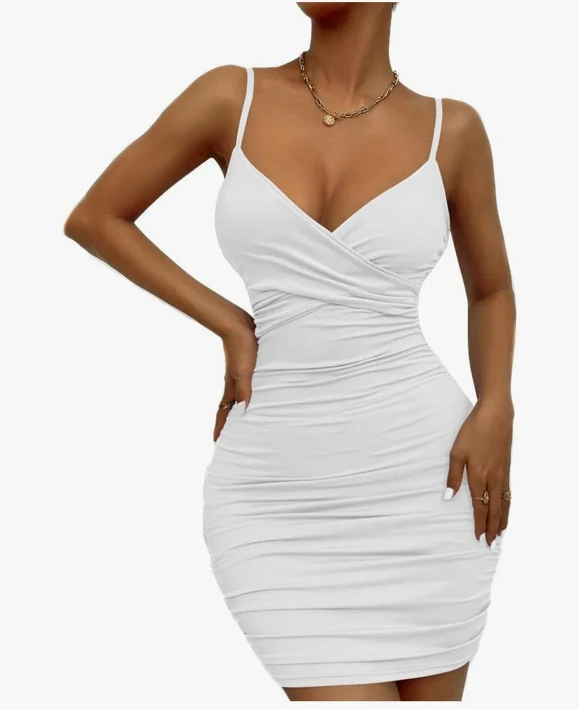 BKEPDY Femme Robe de soiré Sexy Profonde Col en V Wrap Mini Robes sans Manches Spaghetti Bretelles Bodycon Slim Courte Moulante Dresses Clubbing Nuit Cocktail Robe Bal de Promo