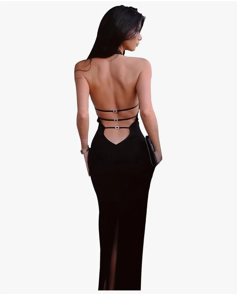 KOEMCY Robe Femme Sexy Dos Nu Bodycon Dress Robe Col Halter Longue Robe Cocktail Elégant Robe de Soirée sans Manches Party