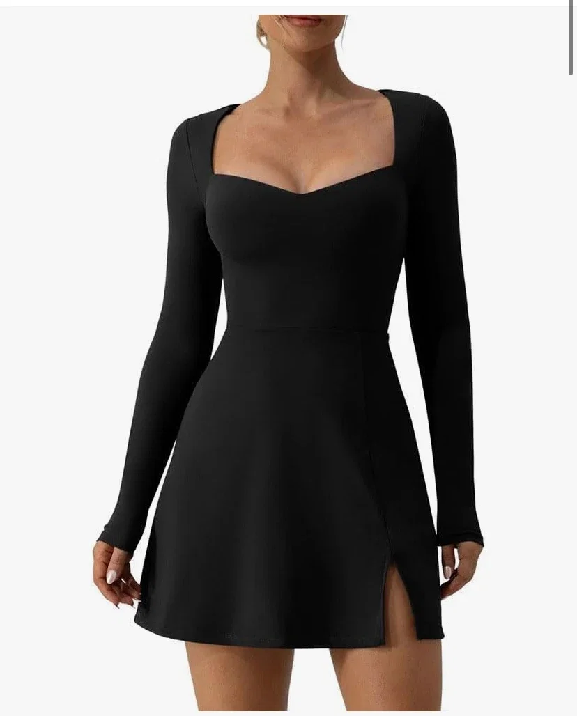 RPAEOY Robe Femme Sexy Longue Manches Col en V Fendue Casual Chic Robes Courte Slim Fit Élégante Mini Soirée pour Cocktail Party