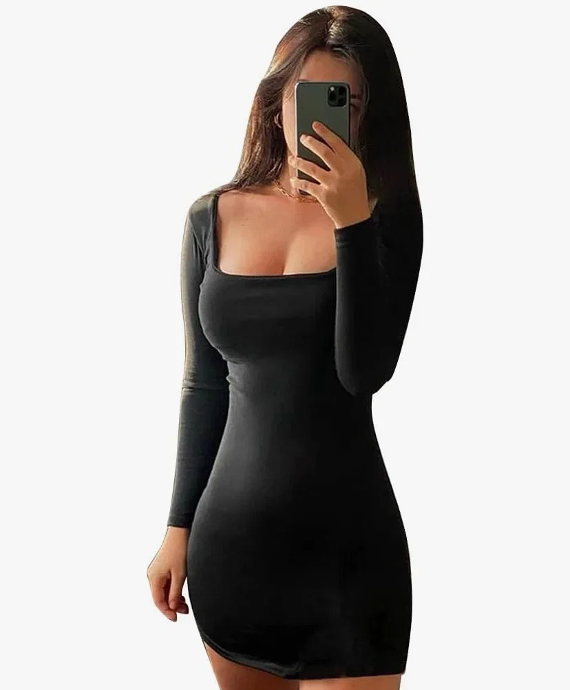 QKEPCY Robe Femme Sexy à Manches Longues Mini Robe Col U Robe Noir Casual Chic Élégante Moulante Robes Courte de Cocktail Elégant Soirée Couleur Unie Slim Fit Robe