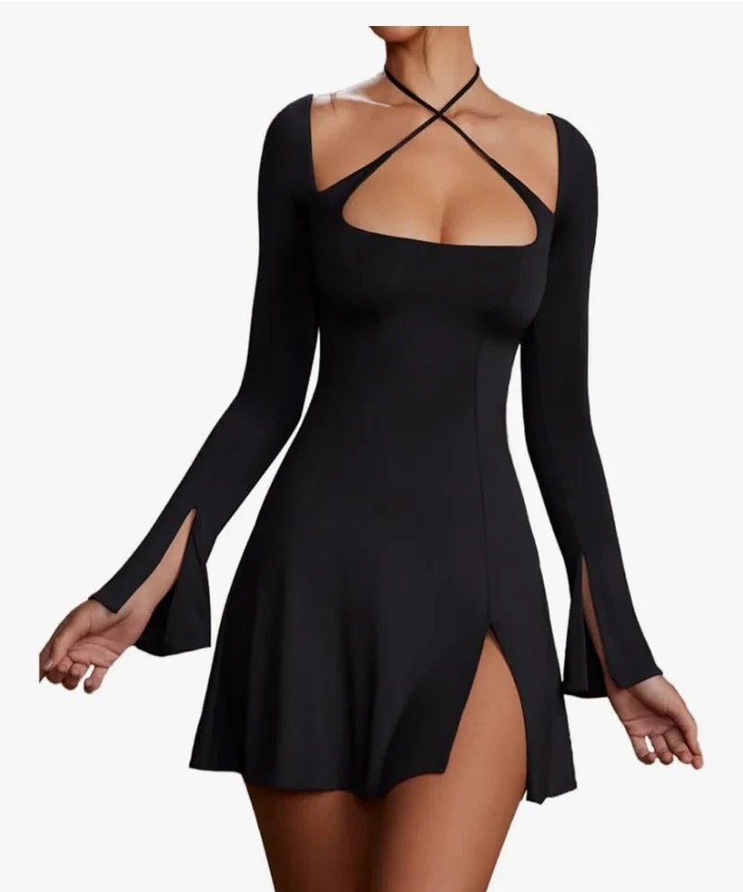 RPAEOY Robe de Cocktail Femme Manches Longues Bretelles Croisées Colletage Carré Dos Nu Plissée Ourlet Fendu Élégante Mini Chic Sexy Robe de Soirée Fête Dress de Ceremonie Mariage