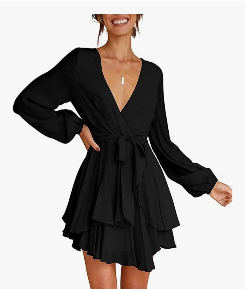 Robe à Manches Longues pour Femme Mini Robes Col en V Elegante Chic Robe Courtes a Manche Lanterne Casual Garniture à Volants Robes Automne Chic et Elegant avec Ceinture