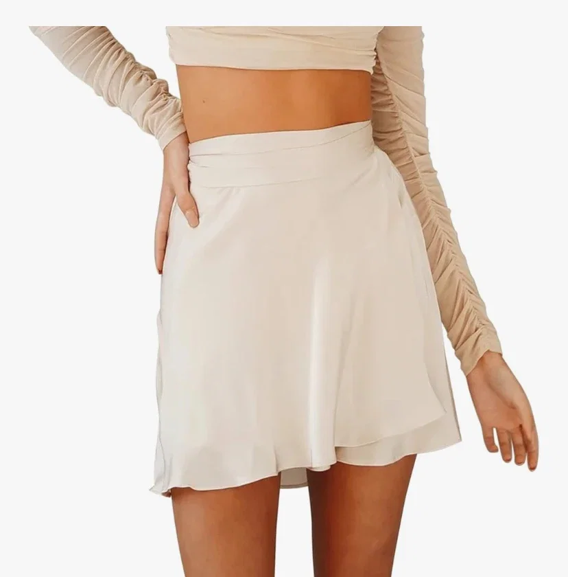 Petalum Jupe Femme Courte en Satin Chic Sexy Mini-Jupe A-Ligne Patineuse Trapèze Taille Haute à Nouer Casual Eté Elégante Skirt Douce Légère Respirante avec Ceinture Réglable