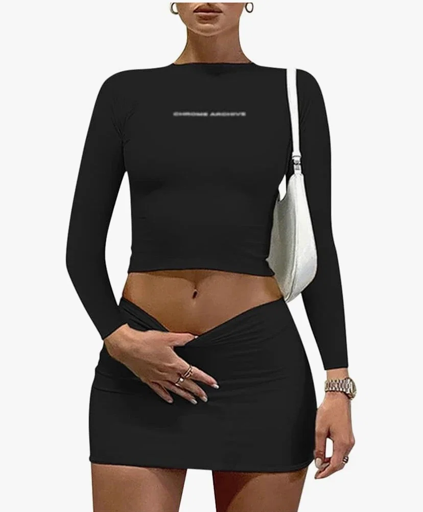 Onsoyours Ensemble Femme Sexy Chic de 2 Pcs Crop-Top Tricoté à Manches Longues + Mini Jupe Crayon Moulante