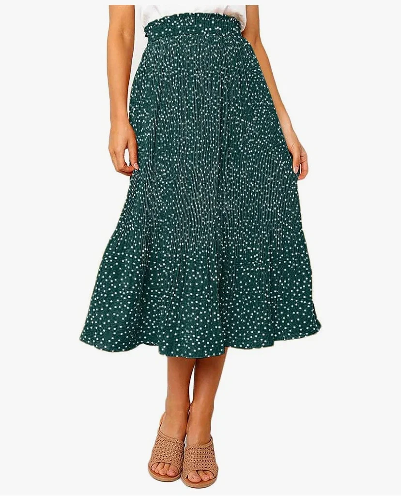 Timuspo Jupe midi plissée pour femme avec 2 poches - Jupe longue à pois - Taille haute - Jupe d'été aérée