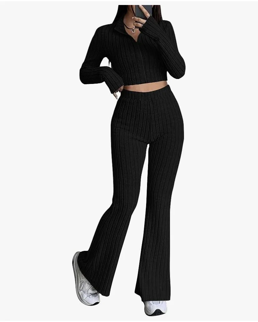 Tomwell Ensemble Femme 2 Pièces Manches Longues Crop Top et Pantalon Survêtements Slim Fit Casual Outfit Sets