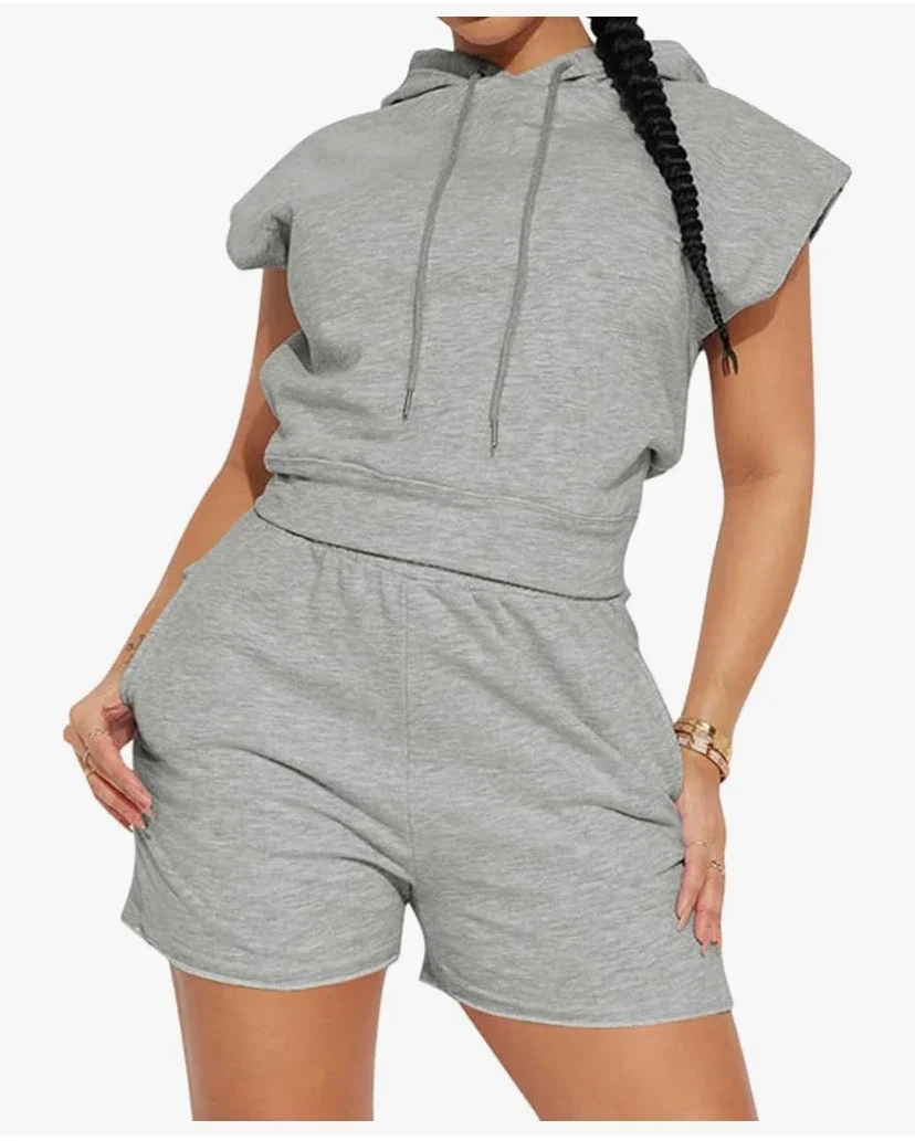 Onsoyours Survêtement Femmes Casual Ensemble 2 pièces Suit Ample Sweat à Capuche de Manches Courtes Tops + Short De Jogging Sportswear Décontracté Ensemble Yoga Fitness