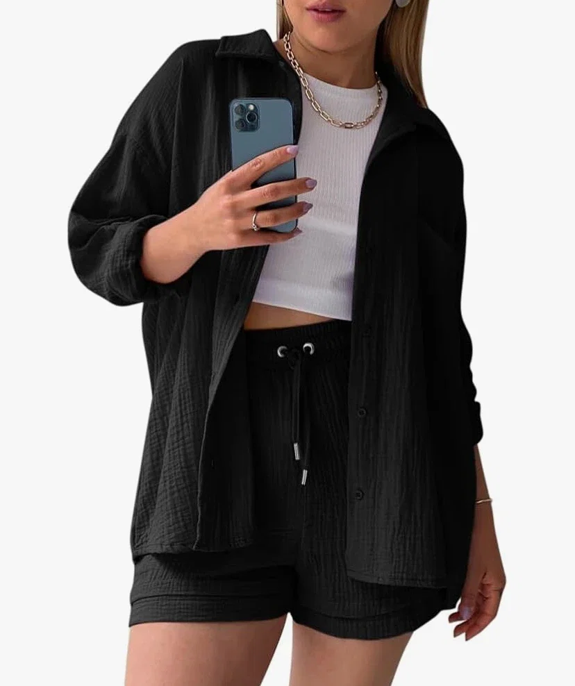 Tomwell Ensemble Mousseline Femme Boutonnée Chemisiers et Shorts Tenue 2 Pieces Loungewear Set Casual Outfit Été Décontracté Pas Cher Survêtement Streetwear