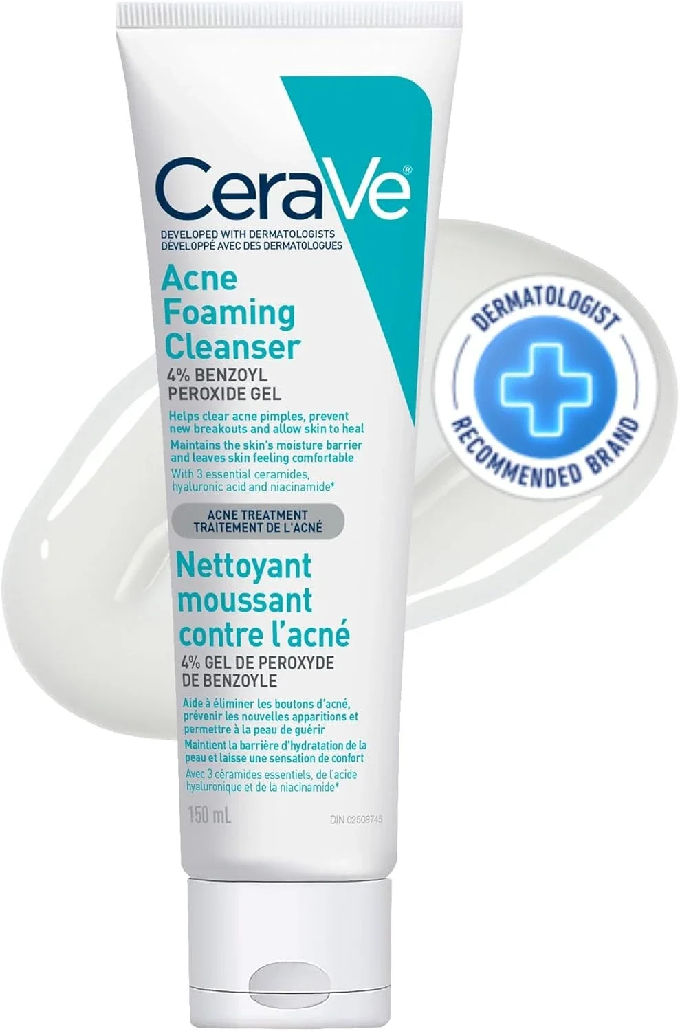 CeraVe Nettoyant moussant pour le traitement de l'acné au peroxyde de benzoyle à 4 % pour le visage et le corps, avec acide hyaluronique et niacinamide. Aide à éliminer les boutons d'acné