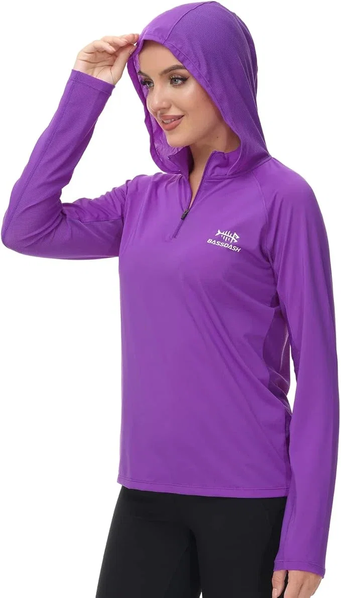 Bassdash Sweat à capuche UPF 50+ Performance à manches longues avec demi-fermeture éclair pour femme Protection UV Chemise de pêche et de randonnée