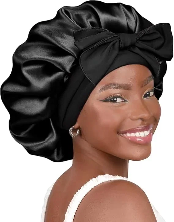 YANIBEST Bonnet en satin de soie pour cheveux endormis, bonnet avec serre-tête pour femme noire, cheveux naturels bouclés