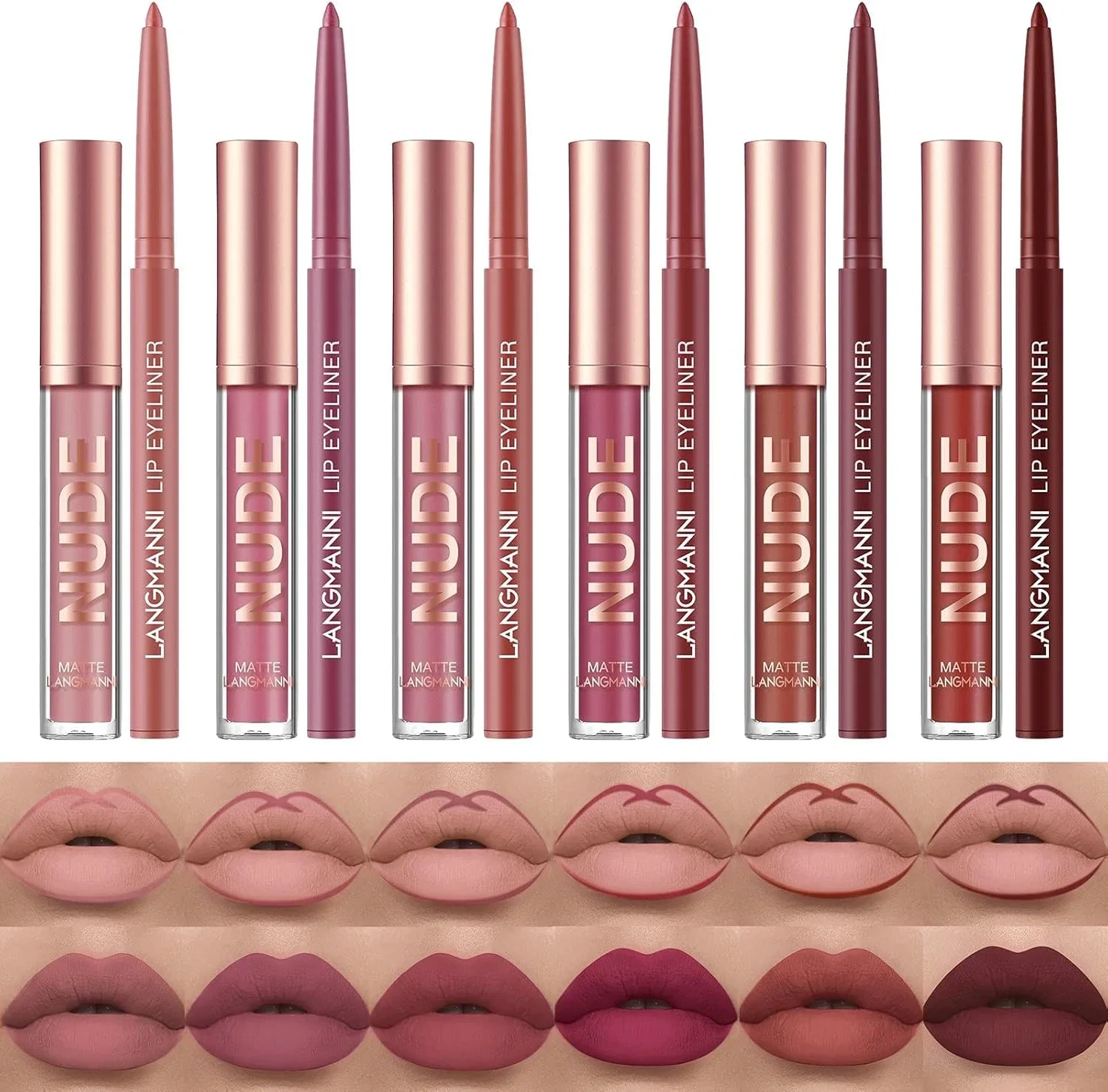 URQT Lot de 12 crayons à lèvres et rouge à lèvres, 6 rouges à lèvres liquides mats veloutés + 6 crayons à lèvres lisses assortis - Kit de maquillage étanche et durable