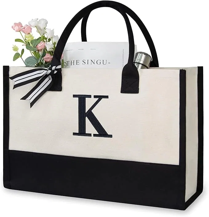 Sac de plage personnalisé en toile, sac fourre-tout cadeau monogrammé pour femme