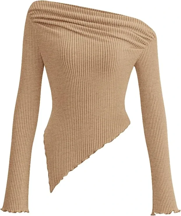 PRETTYGARDEN Haut court Y2K à manches longues pour femme - Épaules dénudées - Asymétrique - En tricot - Pour sortir