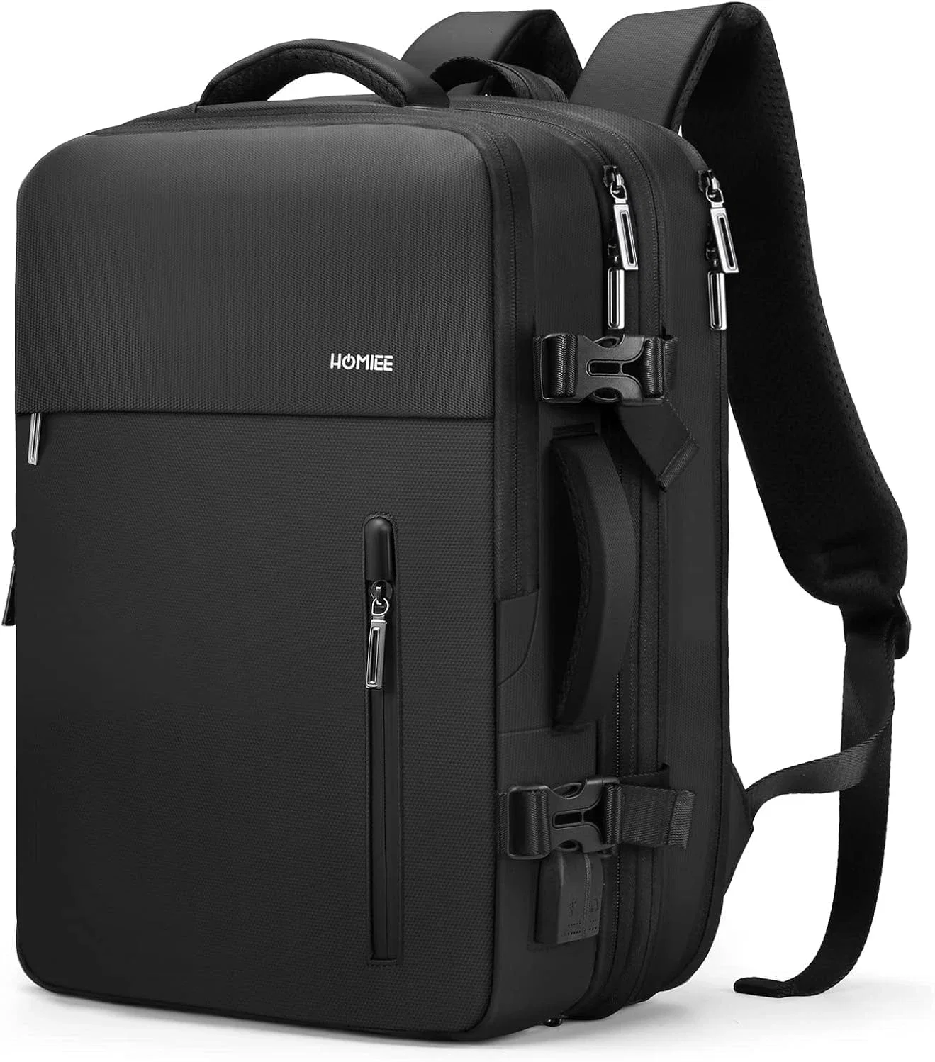 HOMIEE Sac à dos de voyage d'affaires pour ordinateur portable, sac à dos extensible de 40 L, sac à dos de bagage étanche de 15,6 pouces, sac à dos de voyage de grande capacité, noir