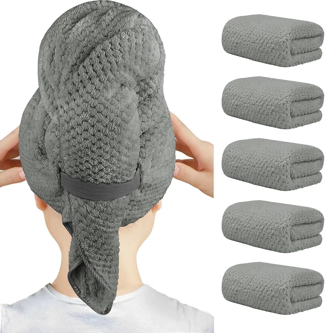 HOMEXCEL Lot de 5 grandes serviettes à cheveux en microfibre pour femme, gris, super douces, à séchage rapide, pour cheveux longs, épais et bouclés – Anti-frisottis avec sangle élastique