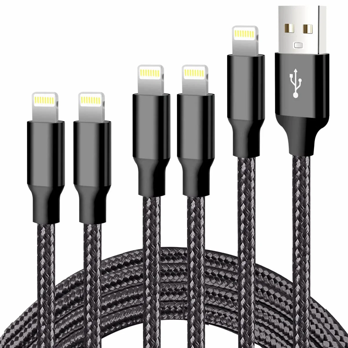 CUGUNU – Lot de 5 câbles USB de charge rapide, en nylon tressé de 0,9 m, 9 m, 1,8 m, 1,8 m et 3 m, certifié Apple MFi, compatible avec iPhone 14/13/12/11/X/Max/8/7/6/5/SE/Plus/iPad, noir
