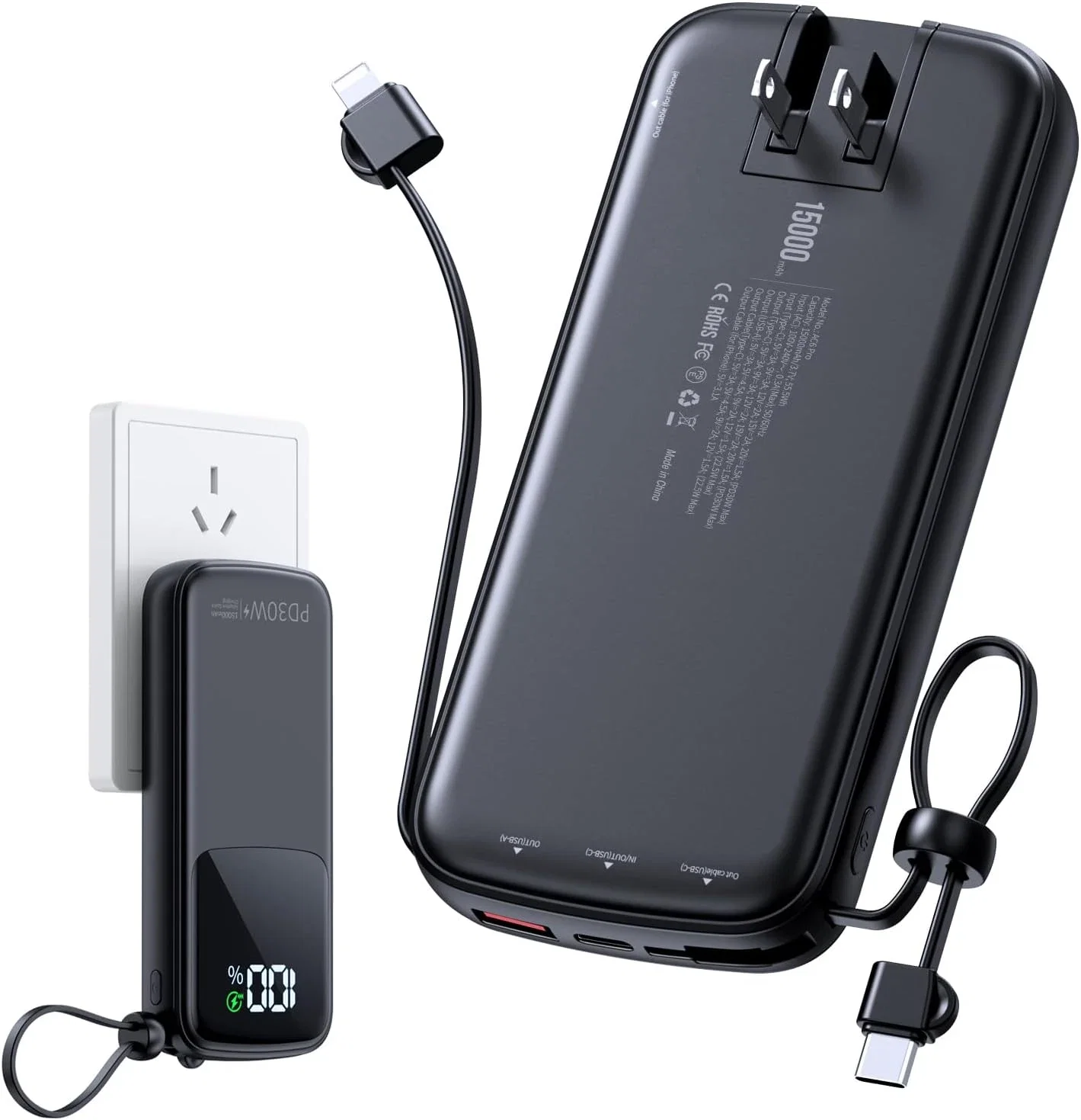Chargeur portable de 15 000 mAh, charge rapide, léger, prise murale CA intégrée et 2 câbles de sortie avec écran LED pour iPhone 15, Samsung, iPad, etc. (noir foncé)