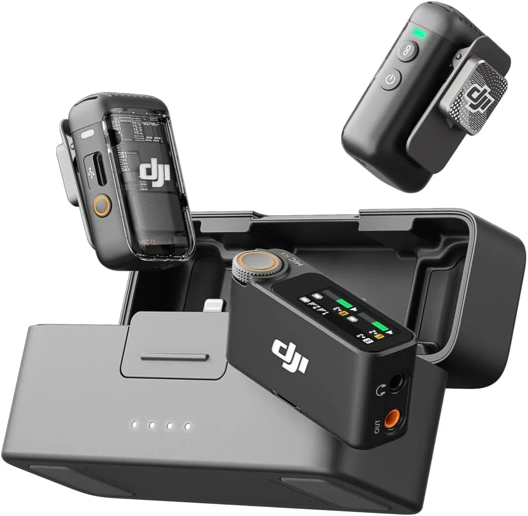DJI Micro 2 (2 TX + 1 RX + étui de charge), microphone cravate sans fil, suppression intelligente du bruit, enregistrement interne flottant 32 bits, portée de 250 m, microphone pour iPhone, Android