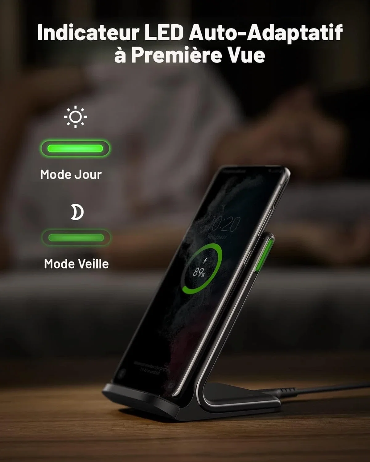 INIU Chargeur sans fil, 15 W, certifié Qi, support de charge rapide sans fil avec lumière adaptative adaptée au sommeil pour iPhone 16, 15, 14, 13, 12 Pro Max Plus, Samsung Galaxy S23, S22, Ultra,