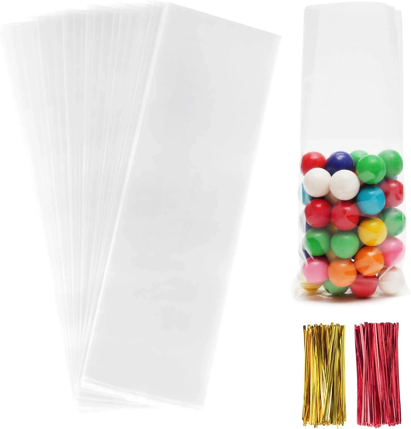 Morepack Lot de 200 sacs à friandises en cellophane transparents de 7,6 x 27,9 cm, sacs en cellophane avec attaches torsadées pour emballer des bonbons, des biscuits