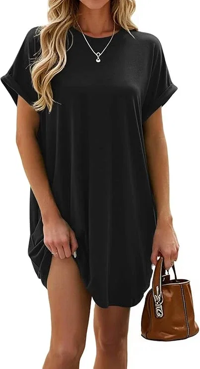 isermeo Women Summer Casual Swing Rolled Sleeve T Shirt Dresses Beach Cover Up Loose Dress with Pockets S-XXL