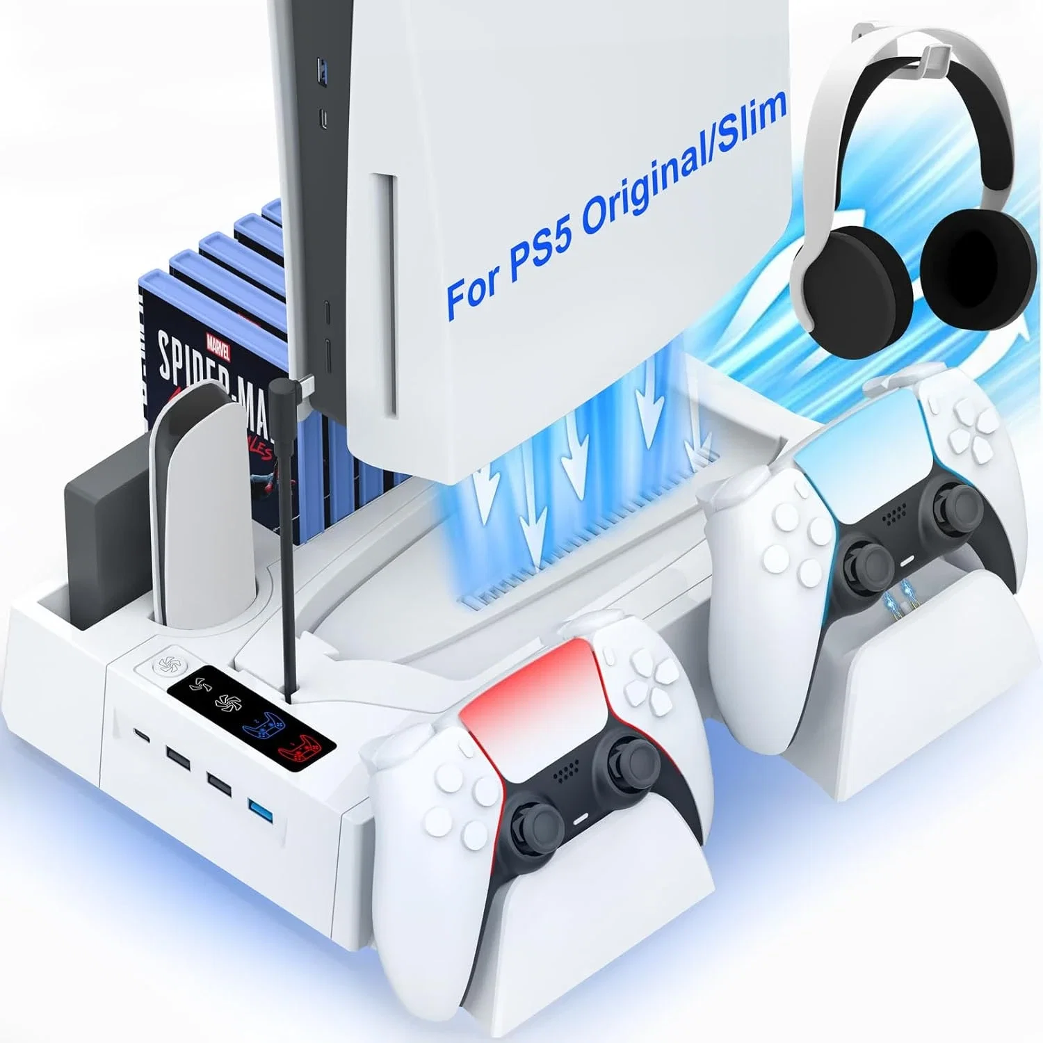 Station de refroidissement PS5/Slim pour PS5 Disc&Digital, PS5 Support de refroidissement avec double contrôleur de charge pour console PlayStation 5, accessoires multifonction PlayStation 5, chargeur
